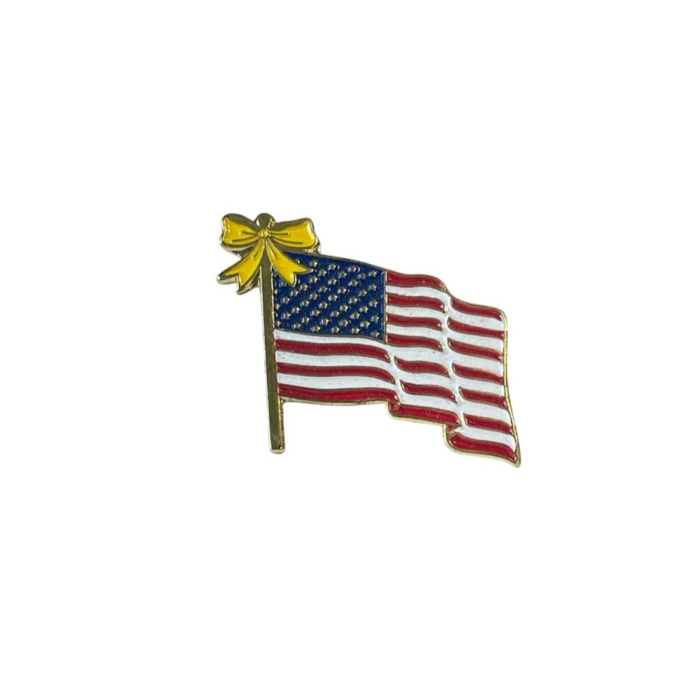 Patriotic Gold-Tone Lapel Pin With American Flag Yellow Bow‎ Military Support